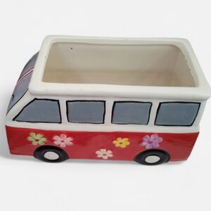 Ceramic VW BUS VAN  PLANTER HIPPIE FLOWER POWER 8 x 6x 3. 5 Red Silver GUC